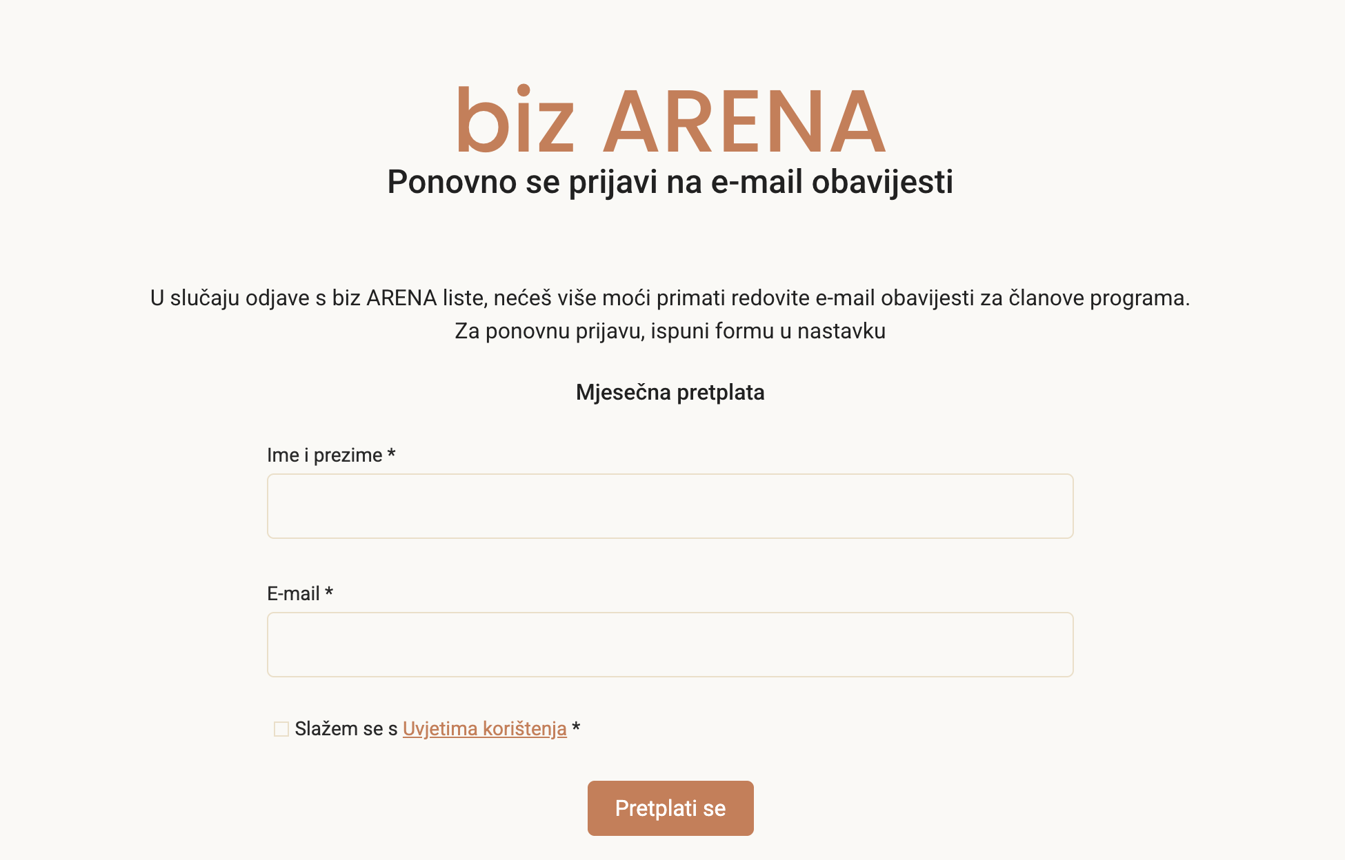 Forma za ponovnu prijavu na biz ARENA e-mail obavijesti