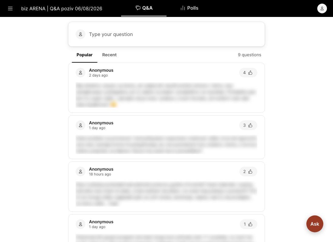 Lista pitanja u Slidu s gumbima za glasanje
