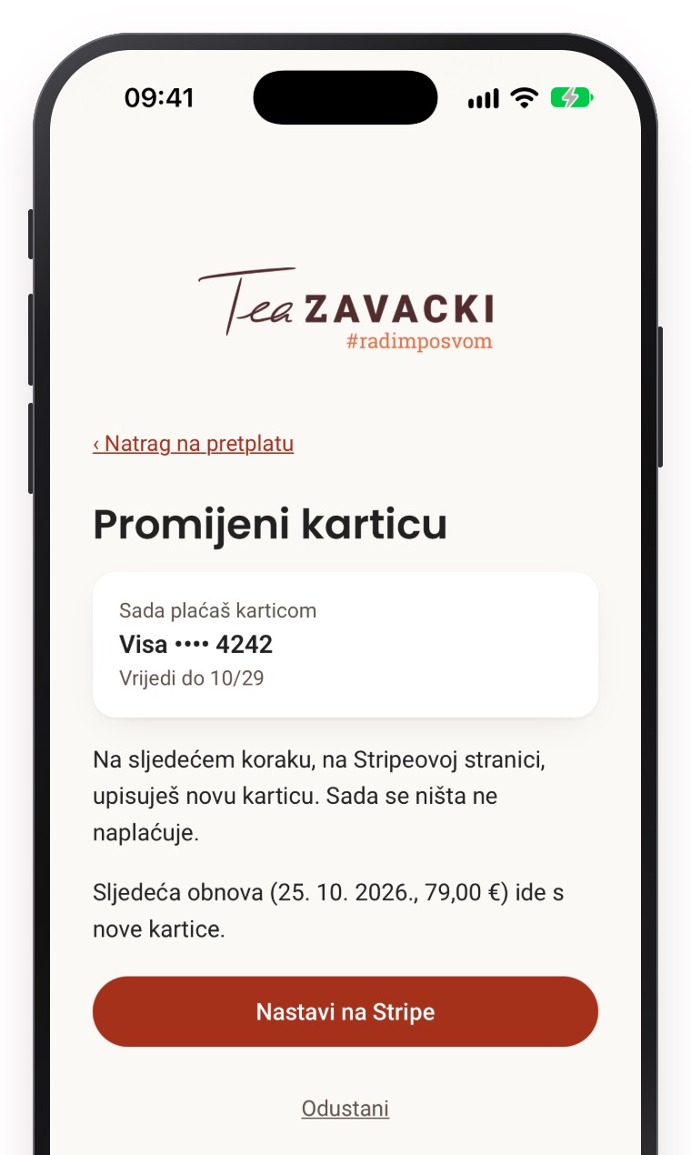 Stranica Promijeni karticu: trenutna kartica i gumb Nastavi na Stripe