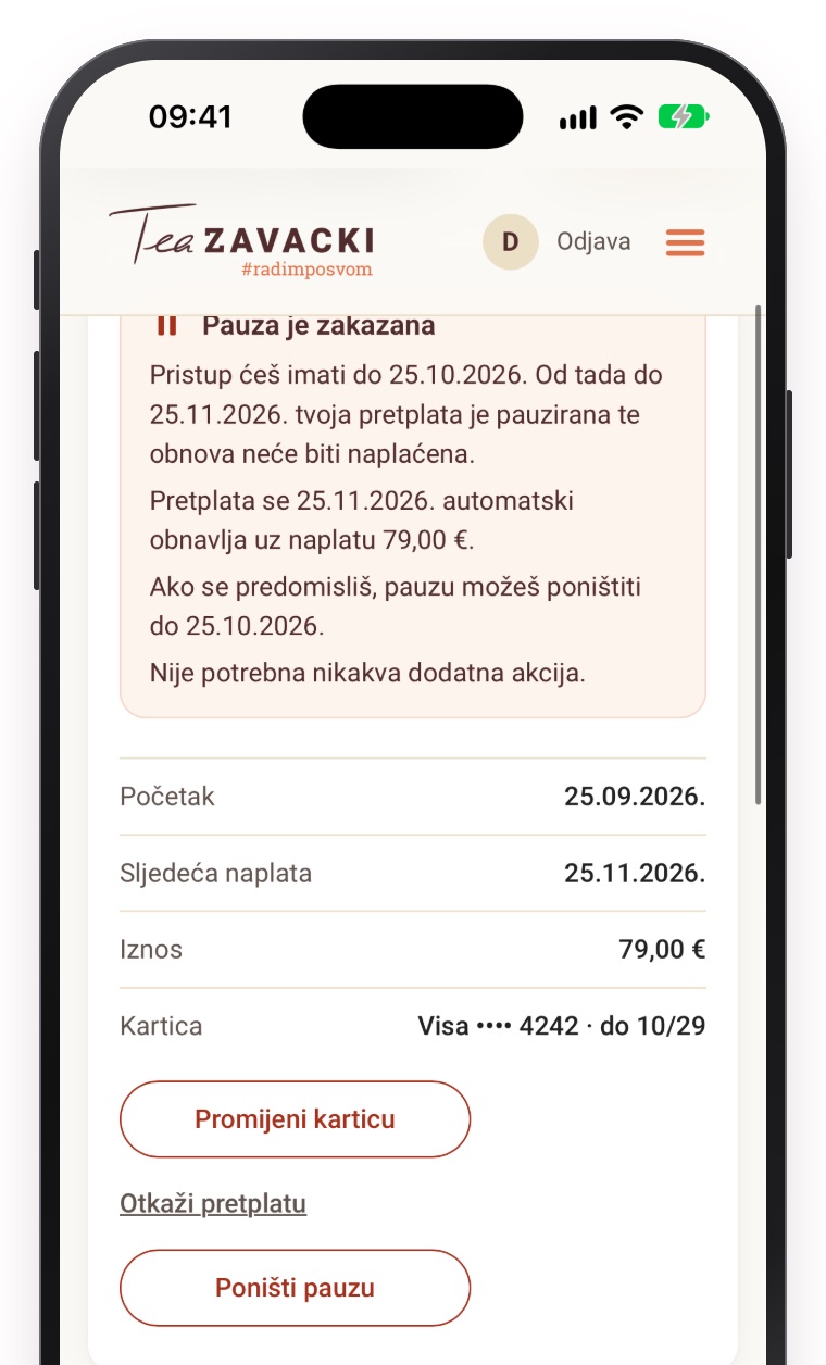 Stranica pretplate s gumbom Poništi pauzu