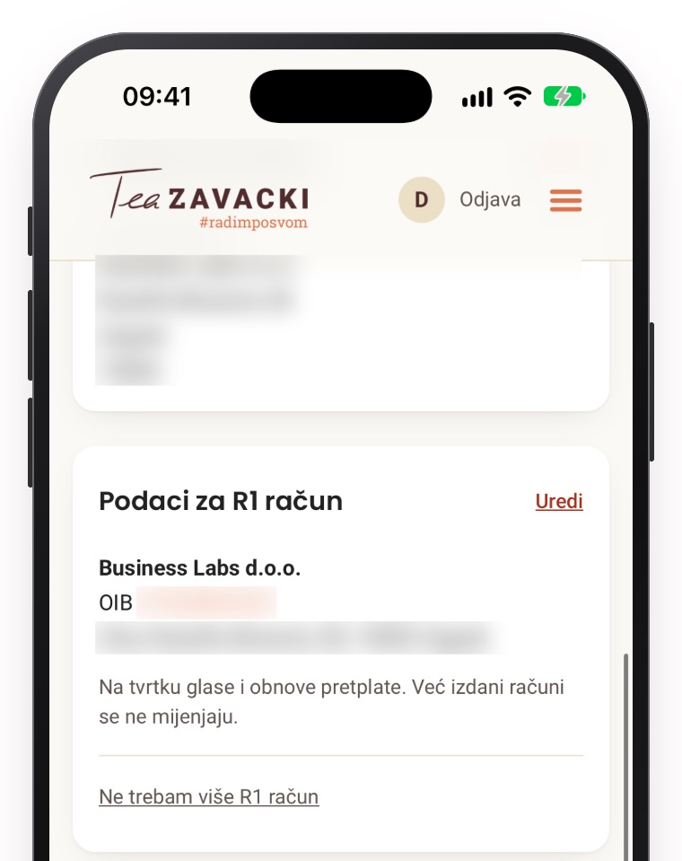 Moj račun, Podaci: Podaci za R1 račun s gumbima Uredi i Ne trebam više R1 račun
