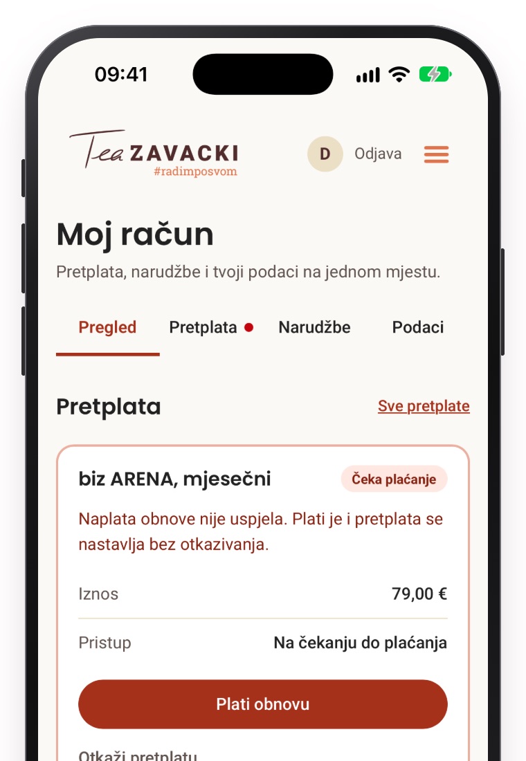 Moj račun, Pregled: pretplata Čeka plaćanje s gumbom Plati obnovu