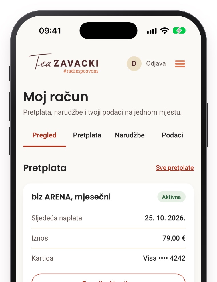 Moj račun, Pregled na mobitelu: pretplata biz ARENA s gumbom Promijeni karticu