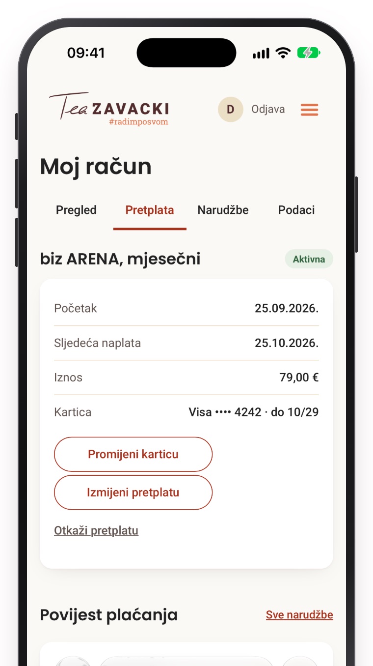 Moj račun, Pretplata: gumbi Promijeni karticu, Izmijeni pretplatu i Otkaži pretplatu