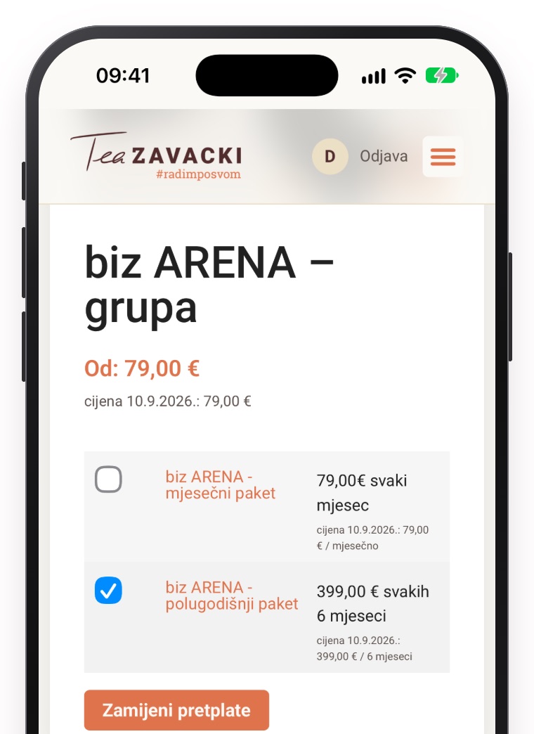 Odabir paketa: mjesečni ili polugodišnji, gumb Zamijeni pretplate